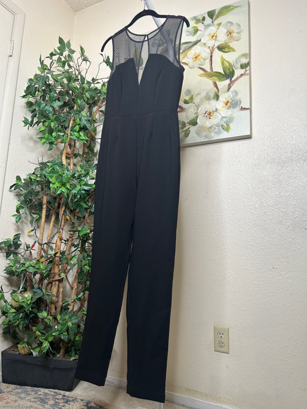 BCBGeneration Black Sleeveless Jumpsuit with Sheer Mesh Yoke and Keyhole